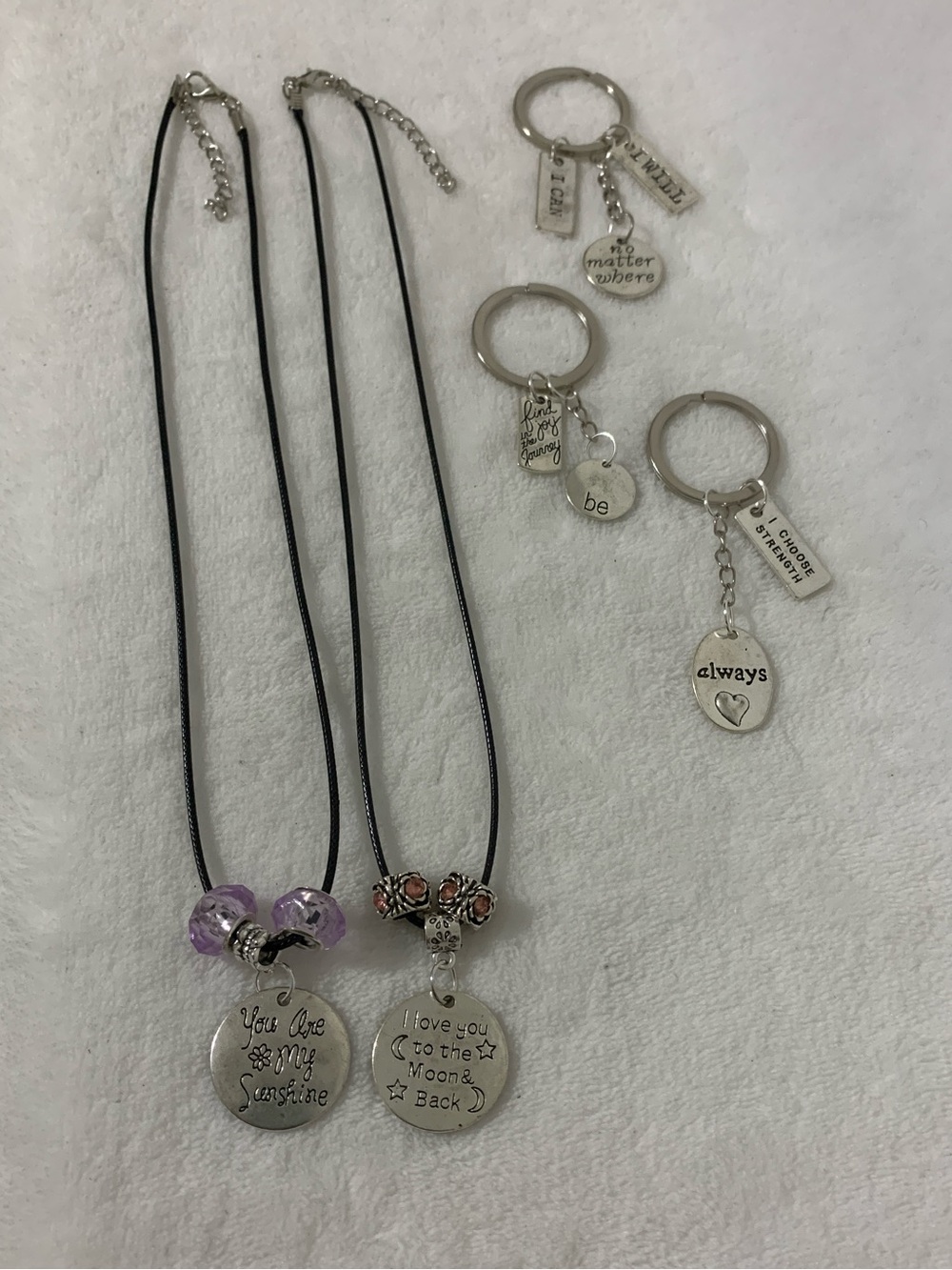 Charm Pendant Necklaces with Inspirational Engraved Discs - Silver & Lavender
